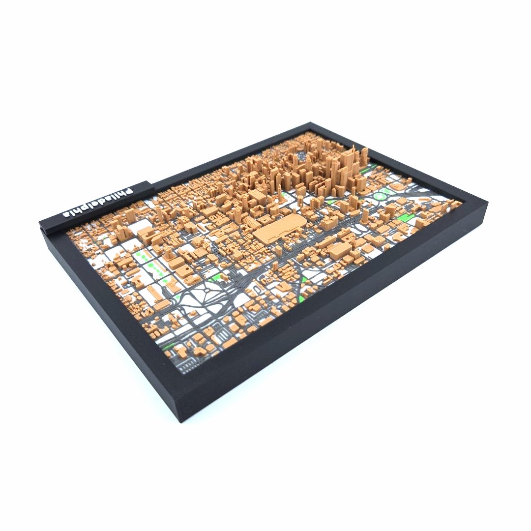 3D Miniature Model of Downtown Philadelphia – Framed Architectural Cityscape with Landmarks