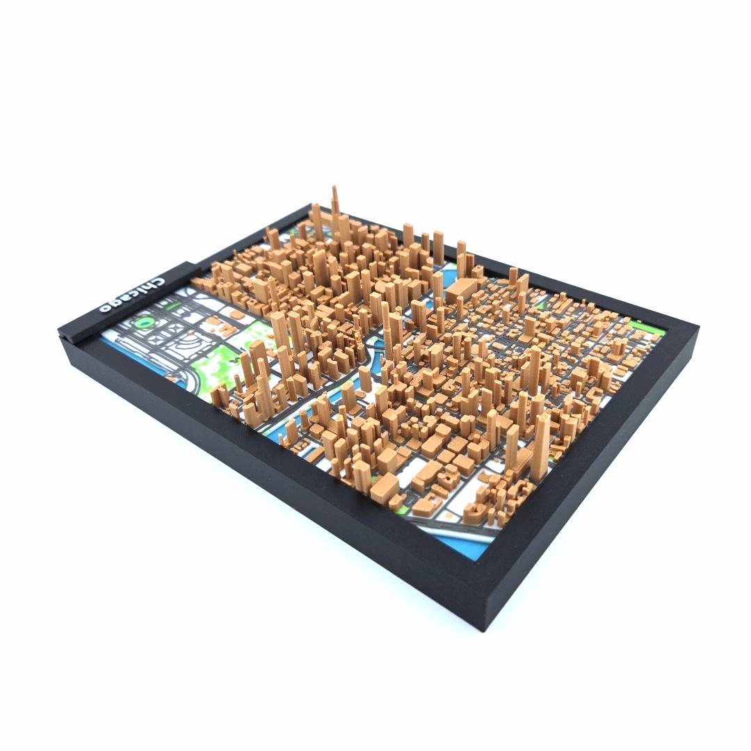 3D Miniature Model of Downtown Chicago – Framed Architectural Cityscape with Landmarks