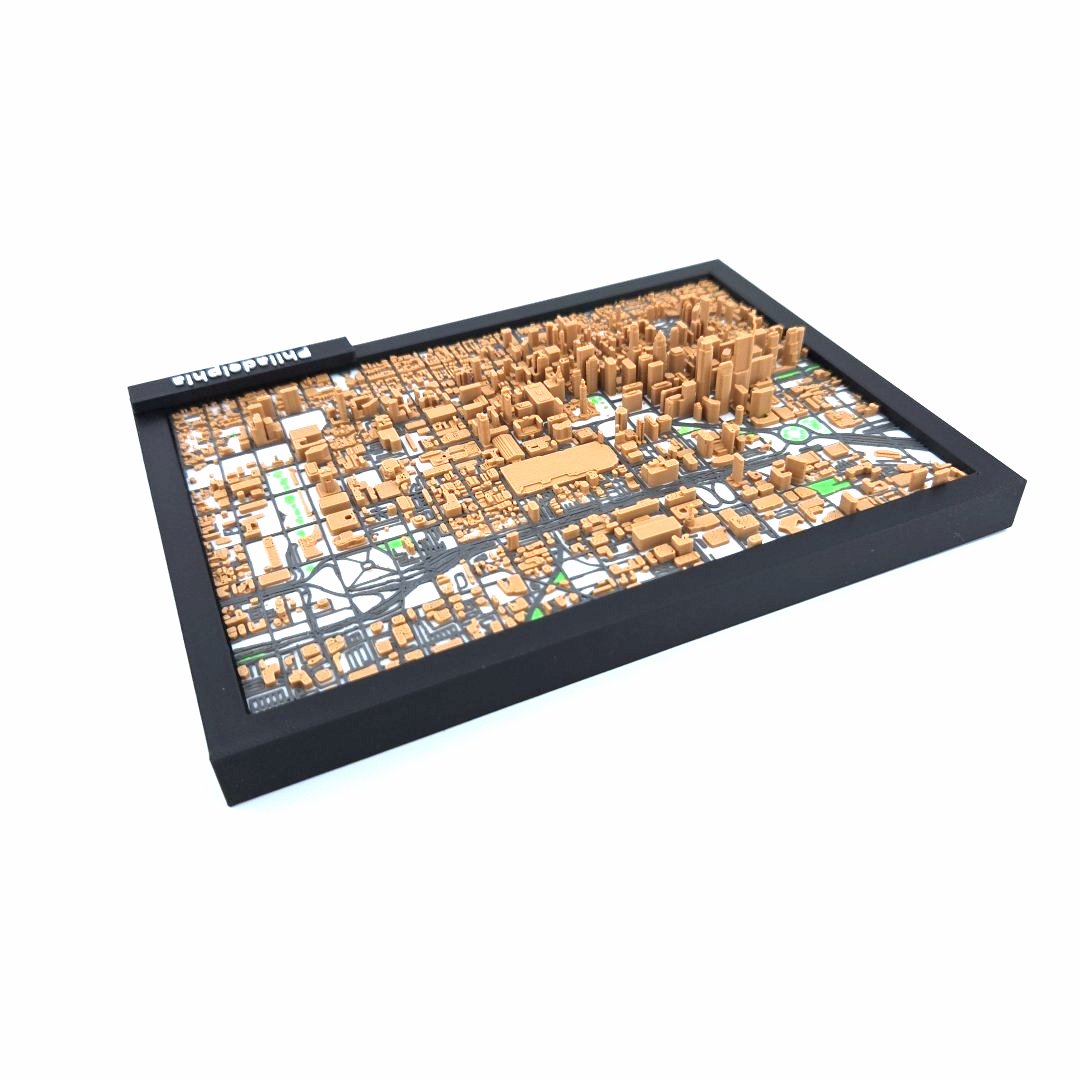 3D Miniature Model of Downtown Philadelphia – Framed Architectural Cityscape with Landmarks