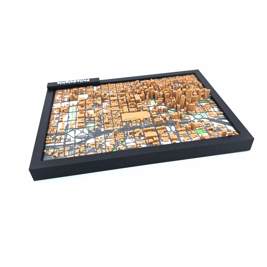3D Miniature Model of Downtown Philadelphia – Framed Architectural Cityscape with Landmarks