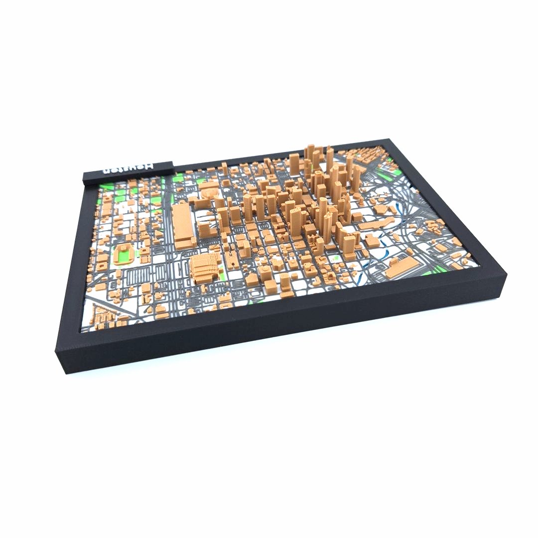 3D Miniature Model of Downtown Houston – Framed Architectural Cityscape with Landmarks