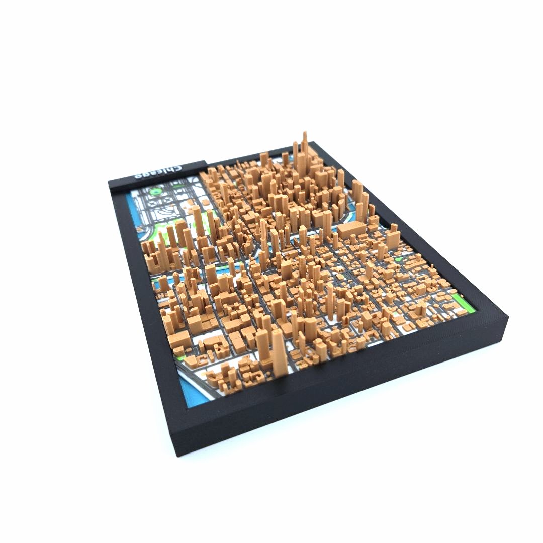 3D Miniature Model of Downtown Chicago – Framed Architectural Cityscape with Landmarks