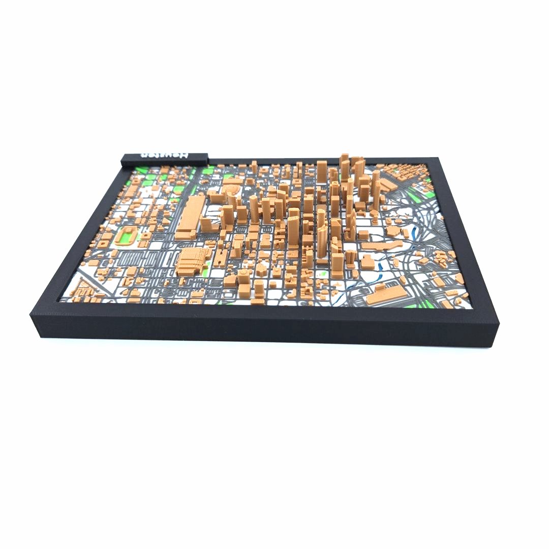 3D Miniature Model of Downtown Houston – Framed Architectural Cityscape with Landmarks