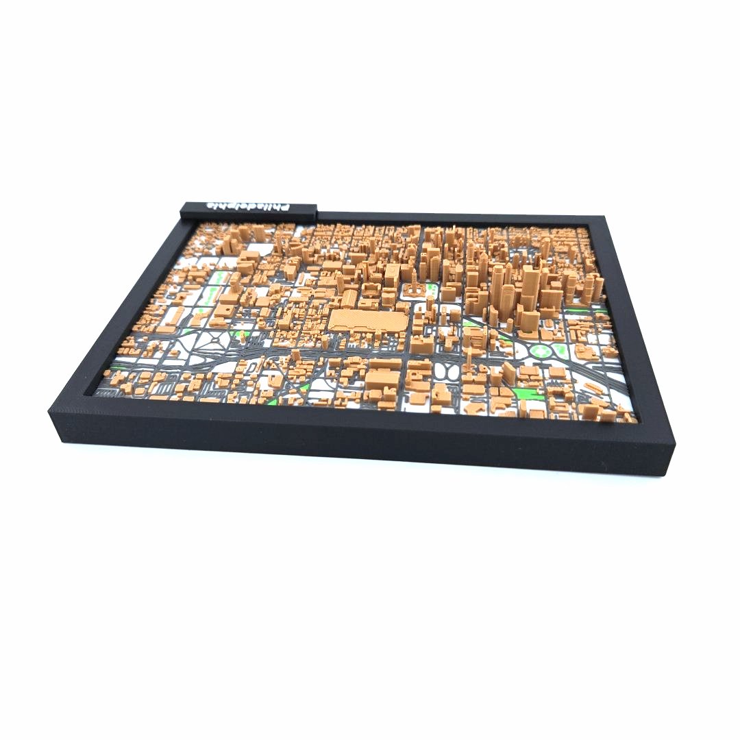 3D Miniature Model of Downtown Philadelphia – Framed Architectural Cityscape with Landmarks