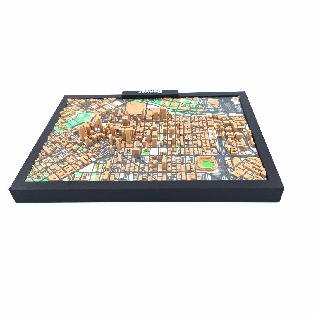 3D Miniature Model of Downtown Denver – Framed Architectural Cityscape with Landmarks