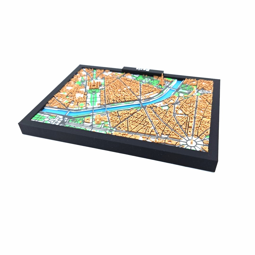 3D Miniature Model of Paris – Framed Architectural City Map with Iconic Urban Layout