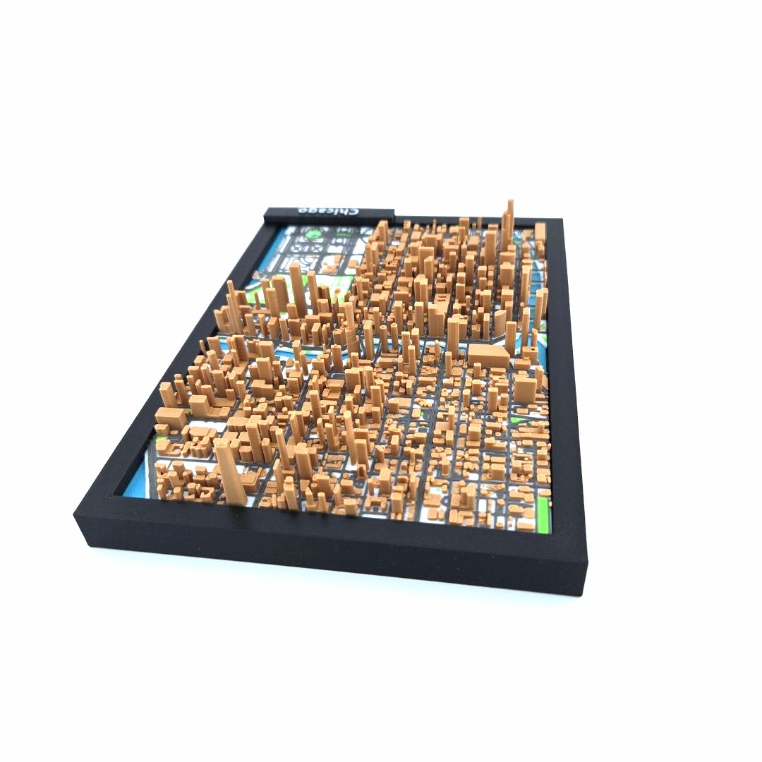 3D Miniature Model of Downtown Chicago – Framed Architectural Cityscape with Landmarks
