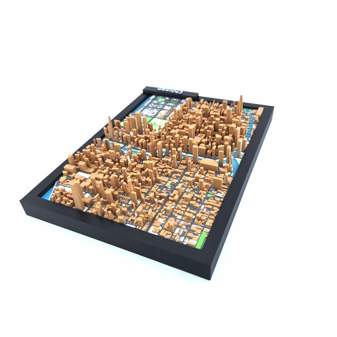 3D Miniature Model of Downtown Chicago – Framed Architectural Cityscape with Landmarks