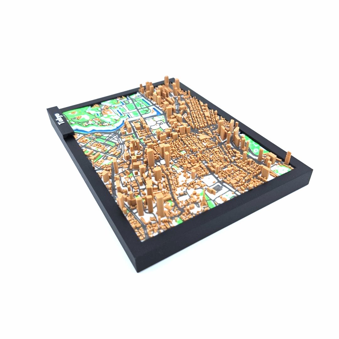 3D Miniature Model of Tokyo – Framed Architectural City Map with Urban Landmarks