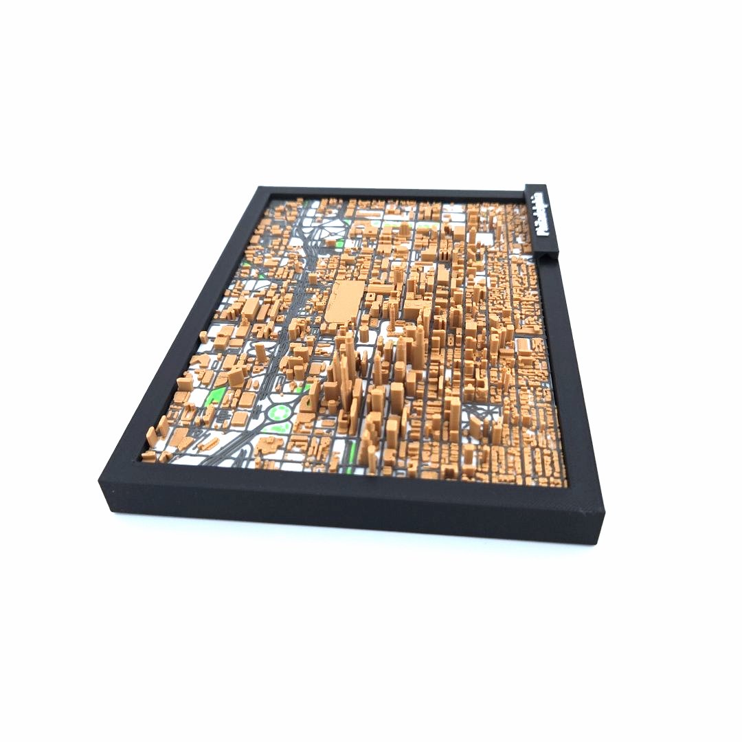 3D Miniature Model of Downtown Philadelphia – Framed Architectural Cityscape with Landmarks
