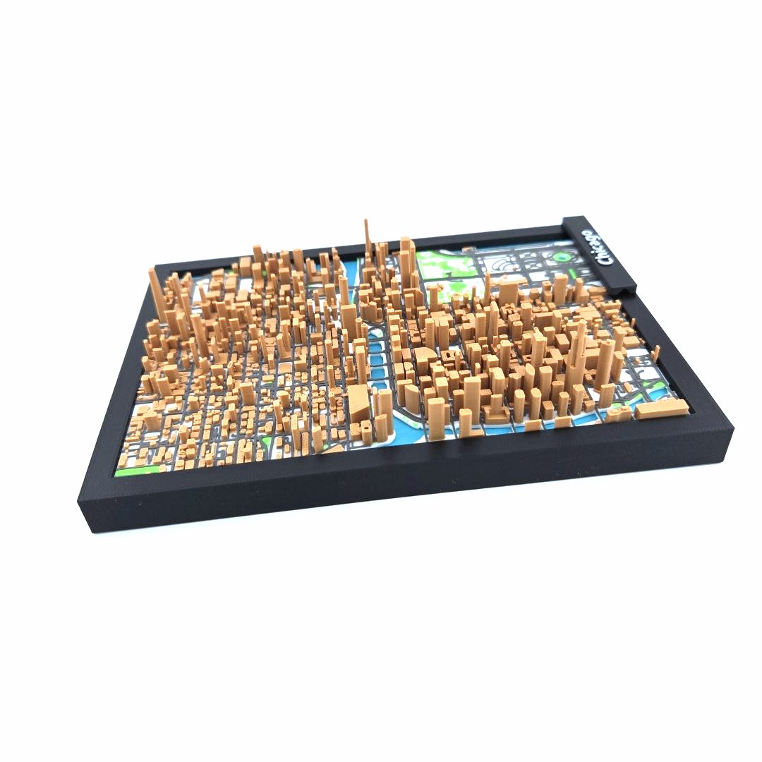 3D Miniature Model of Downtown Chicago – Framed Architectural Cityscape with Landmarks