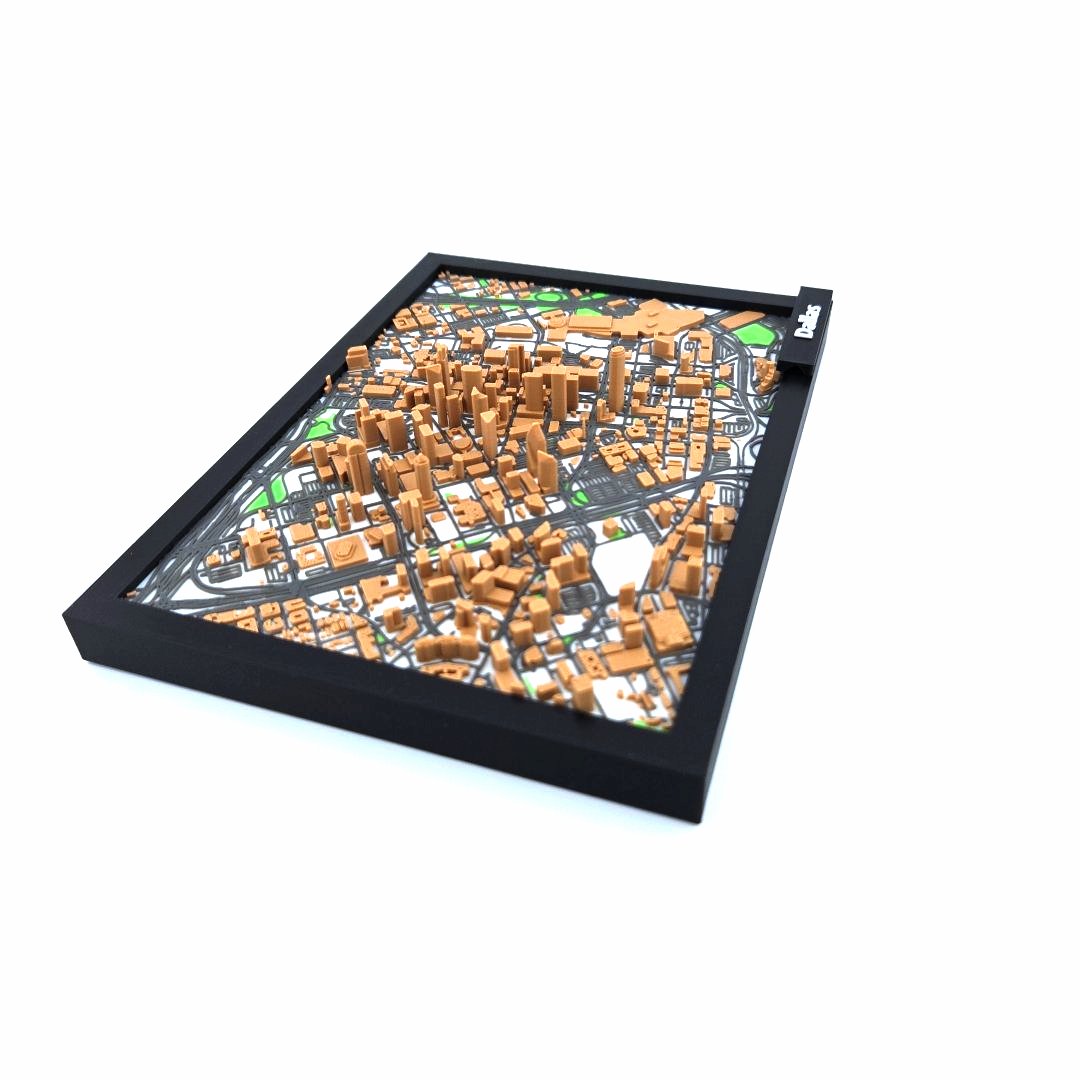 3D Miniature Model of Downtown Dallas – Framed Architectural Cityscape with Landmarks