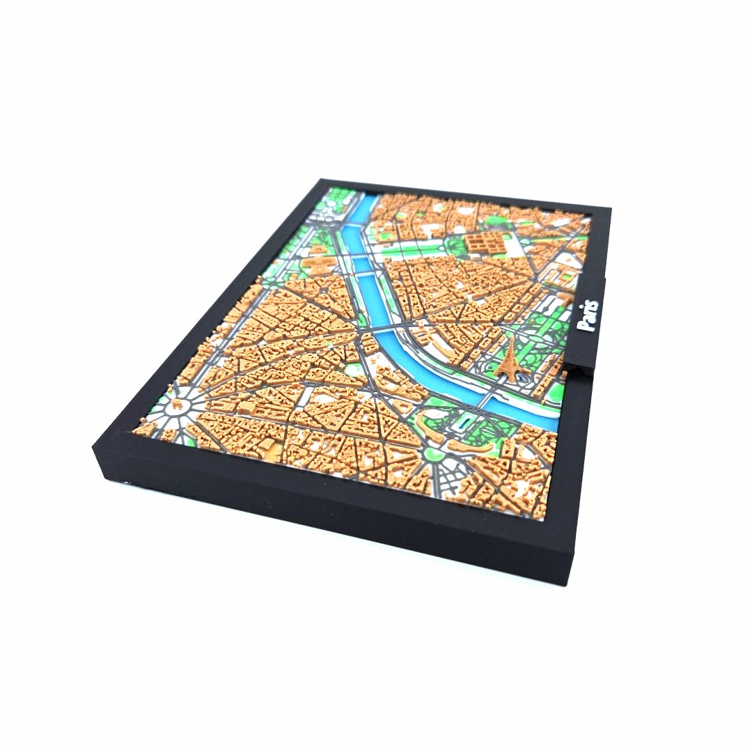 3D Miniature Model of Paris – Framed Architectural City Map with Iconic Urban Layout