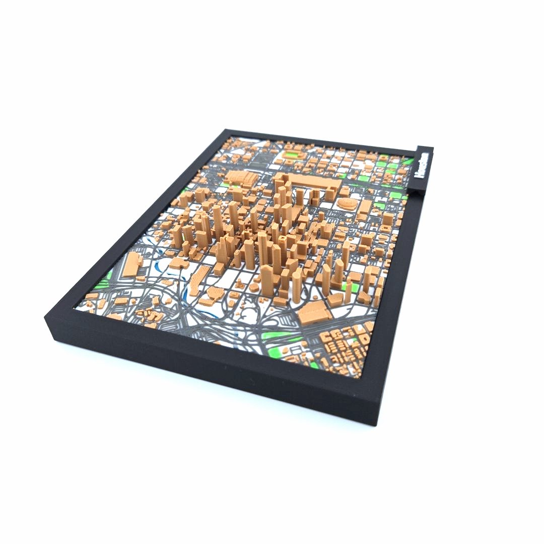 3D Miniature Model of Downtown Houston – Framed Architectural Cityscape with Landmarks