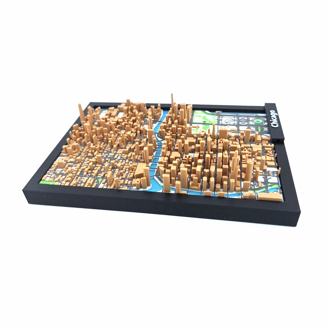 3D Miniature Model of Downtown Chicago – Framed Architectural Cityscape with Landmarks