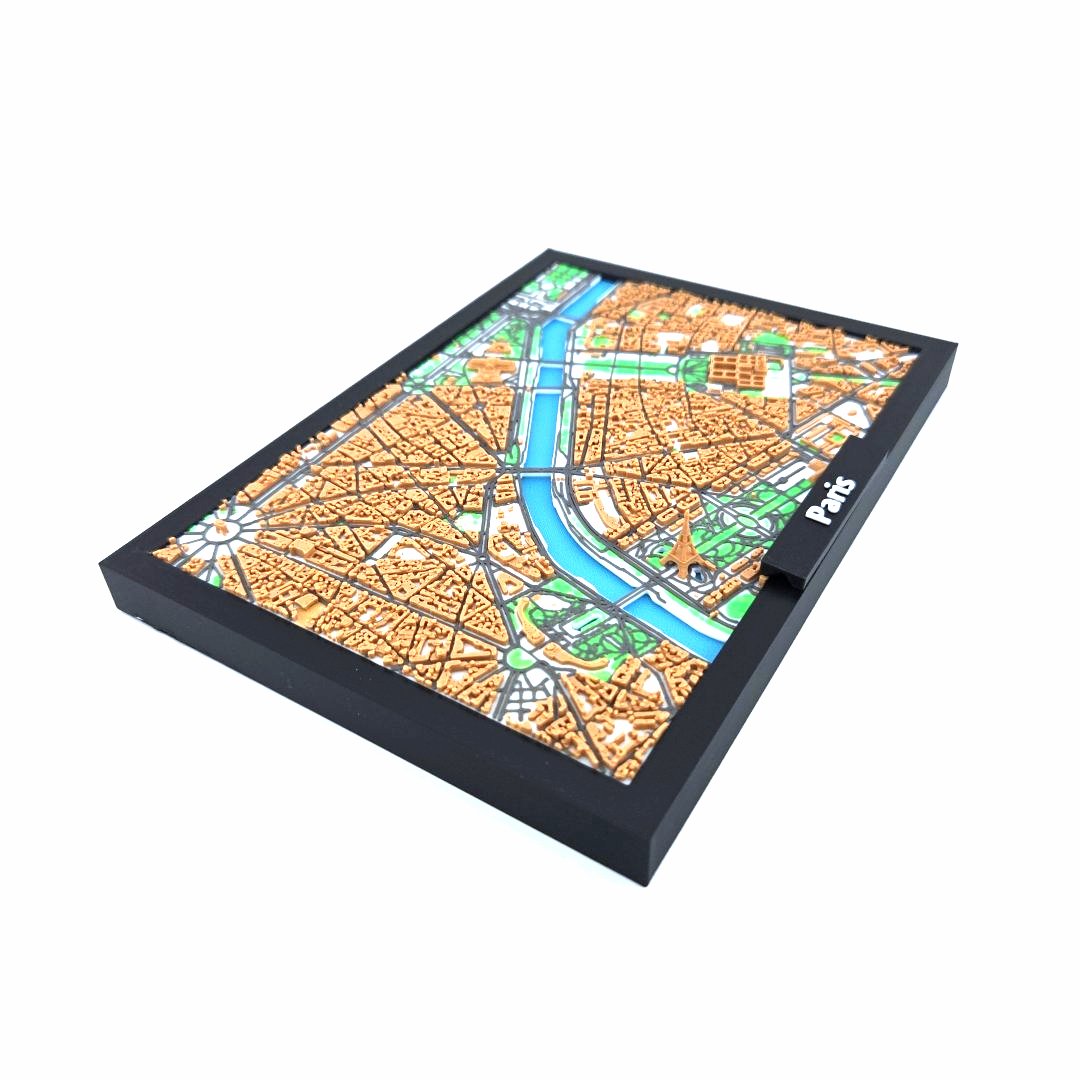 3D Miniature Model of Paris – Framed Architectural City Map with Iconic Urban Layout
