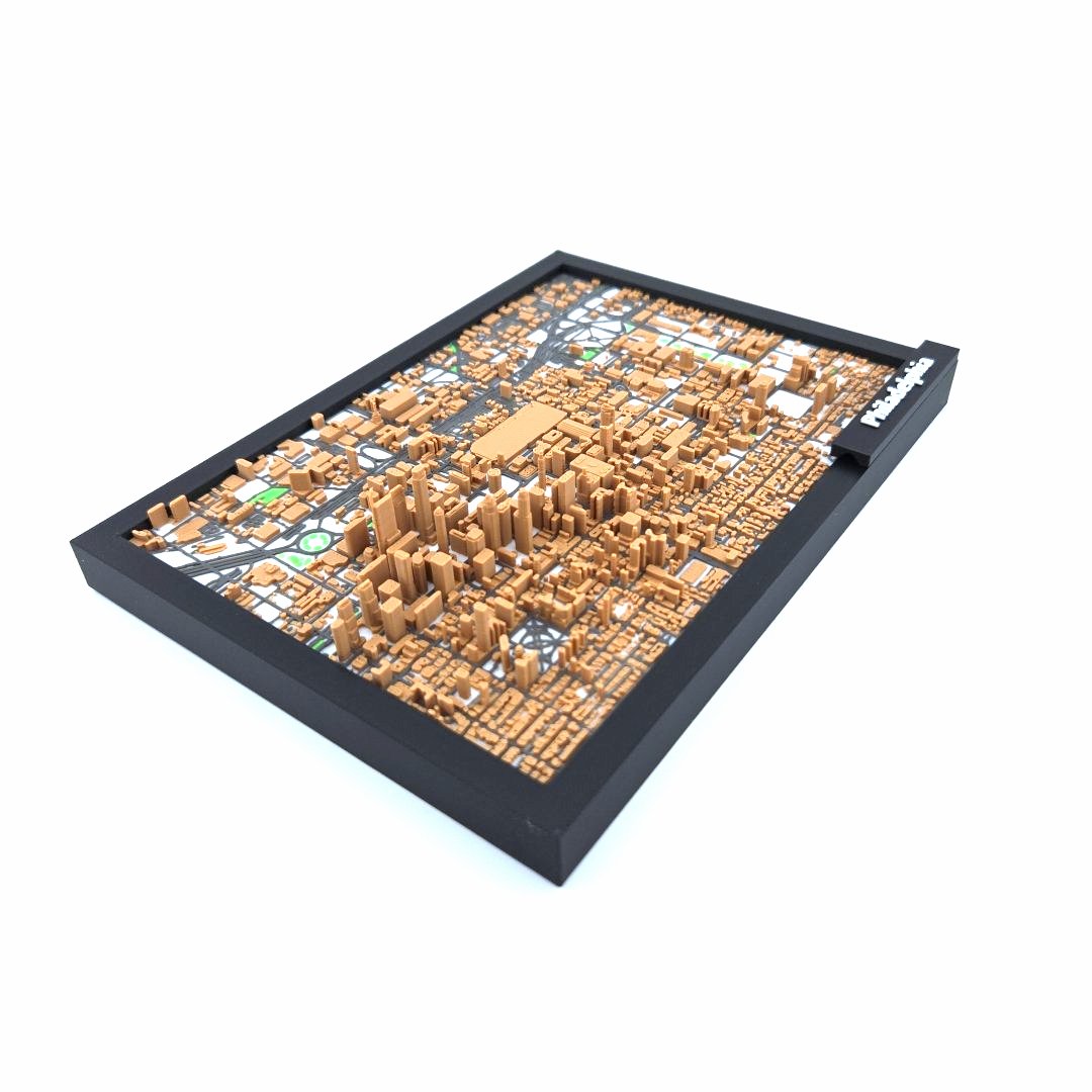 3D Miniature Model of Downtown Philadelphia – Framed Architectural Cityscape with Landmarks