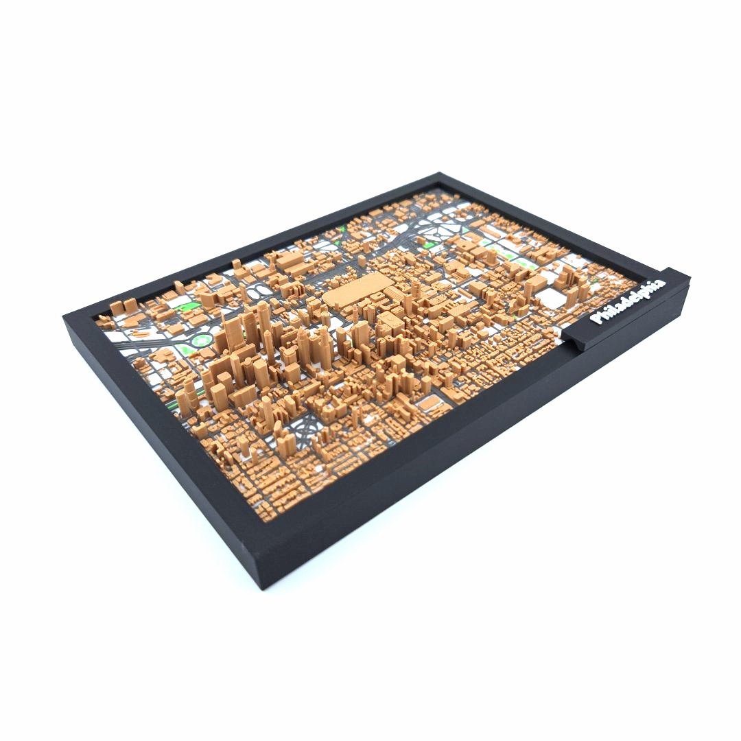 3D Miniature Model of Downtown Philadelphia – Framed Architectural Cityscape with Landmarks