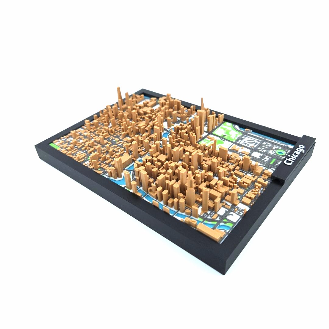 3D Miniature Model of Downtown Chicago – Framed Architectural Cityscape with Landmarks
