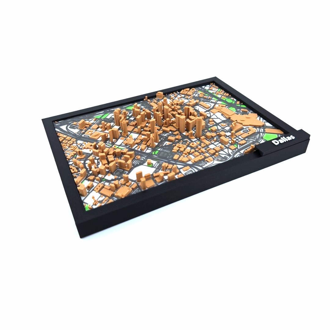 3D Miniature Model of Downtown Dallas – Framed Architectural Cityscape with Landmarks