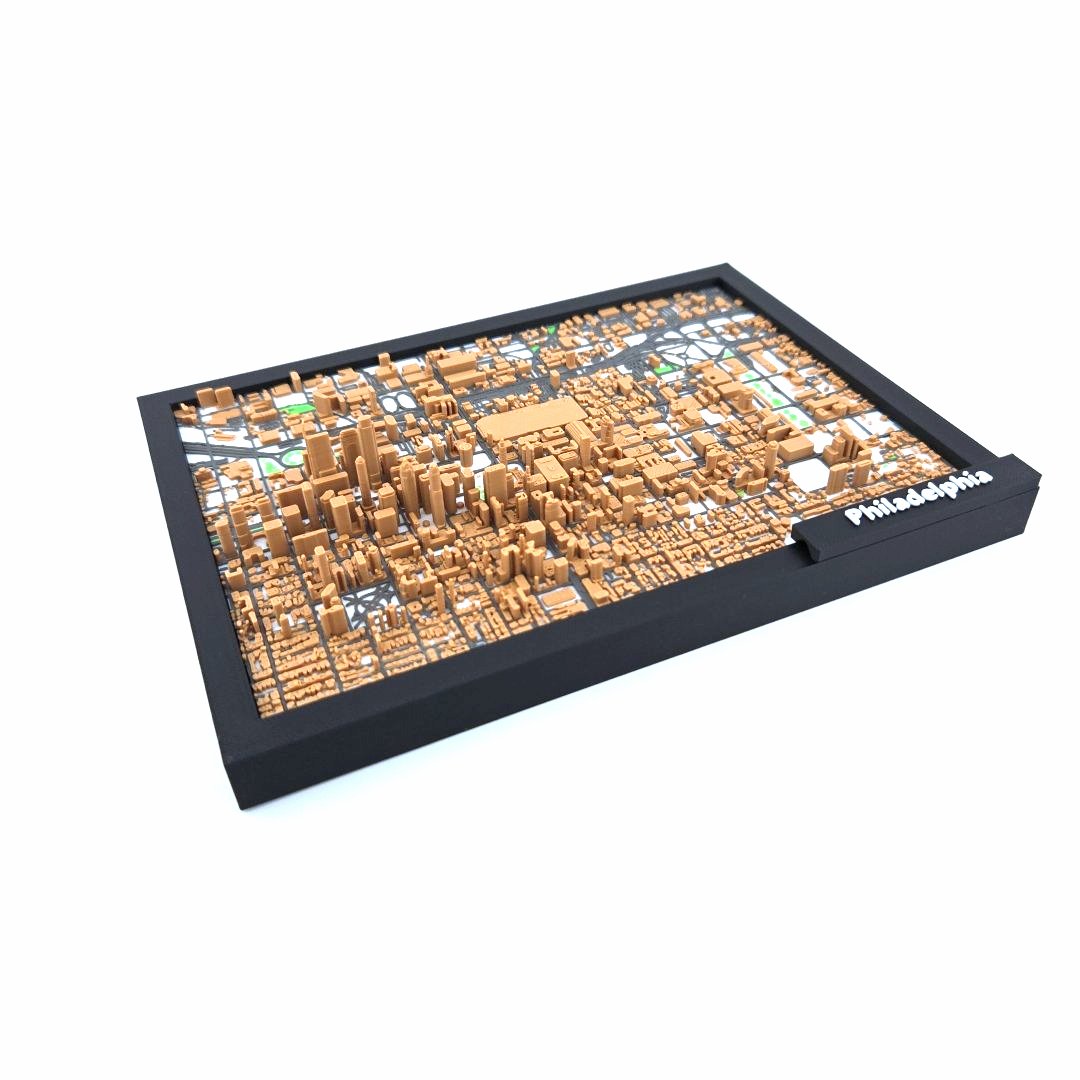 3D Miniature Model of Downtown Philadelphia – Framed Architectural Cityscape with Landmarks