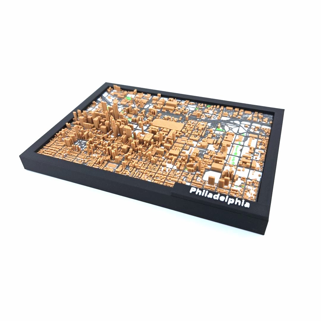 3D Miniature Model of Downtown Philadelphia – Framed Architectural Cityscape with Landmarks