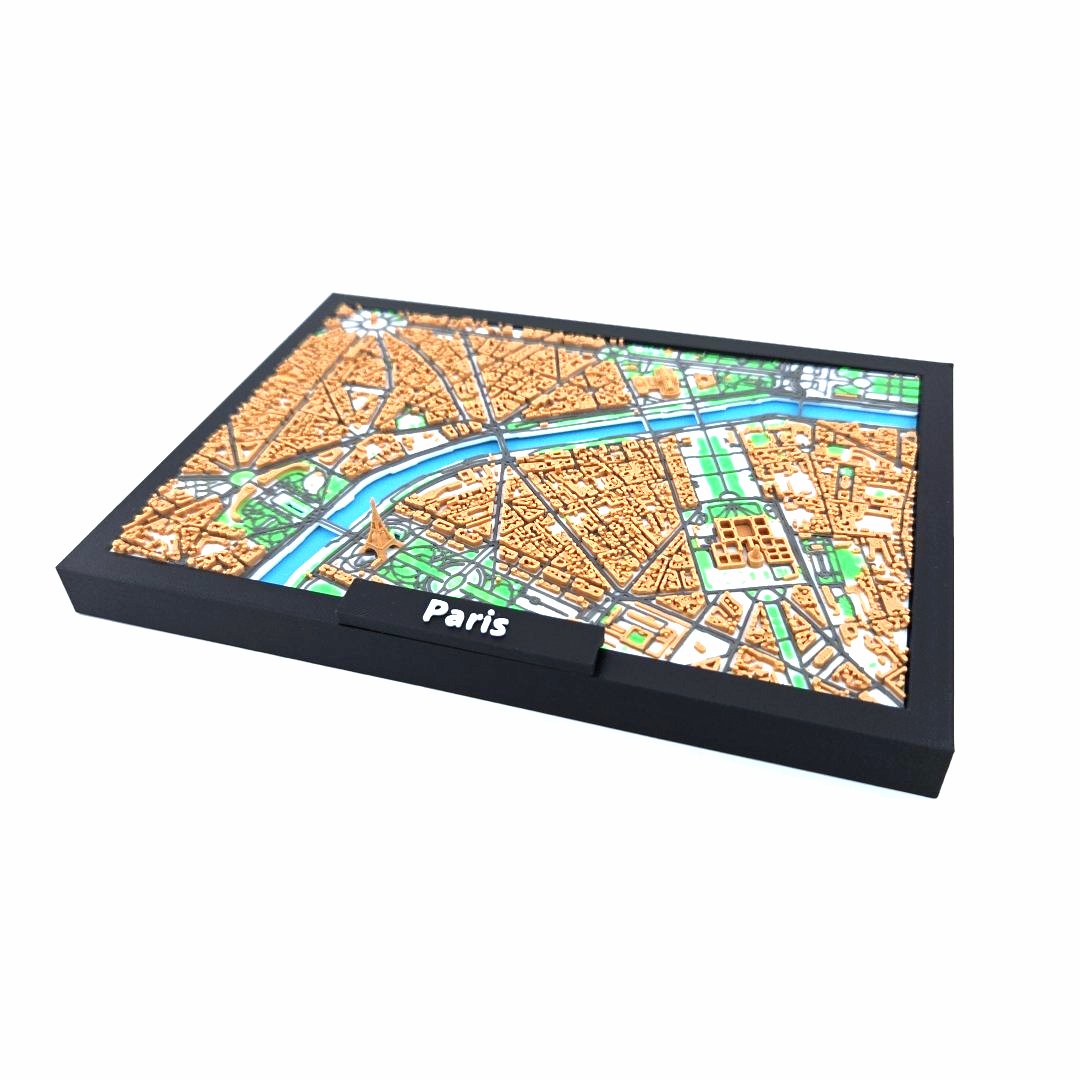 3D Miniature Model of Paris – Framed Architectural City Map with Iconic Urban Layout