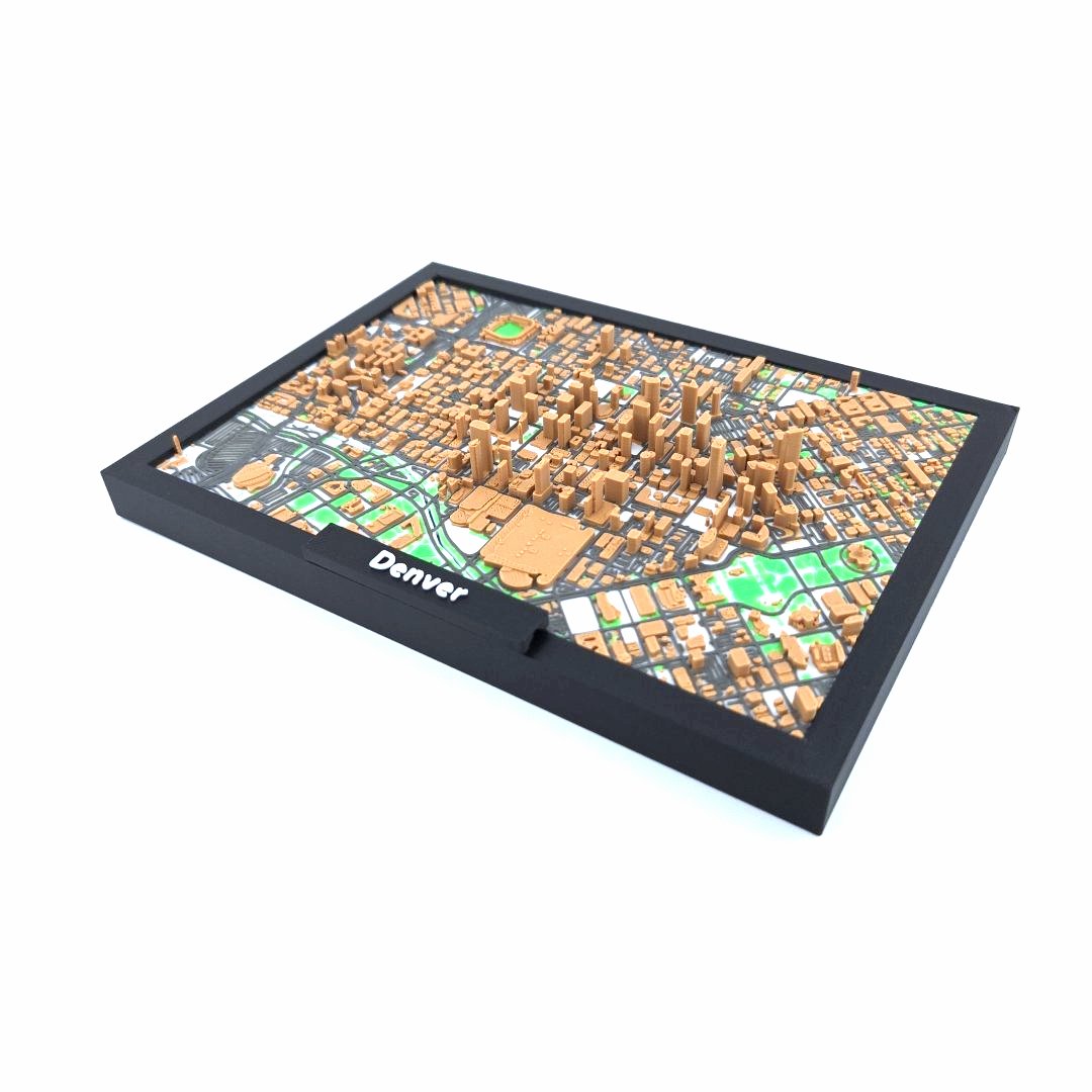 3D Miniature Model of Downtown Denver – Framed Architectural Cityscape with Landmarks