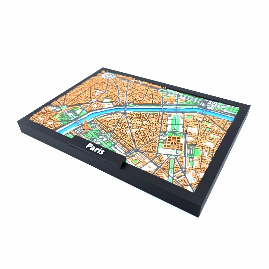 3D Miniature Model of Paris – Framed Architectural City Map with Iconic Urban Layout