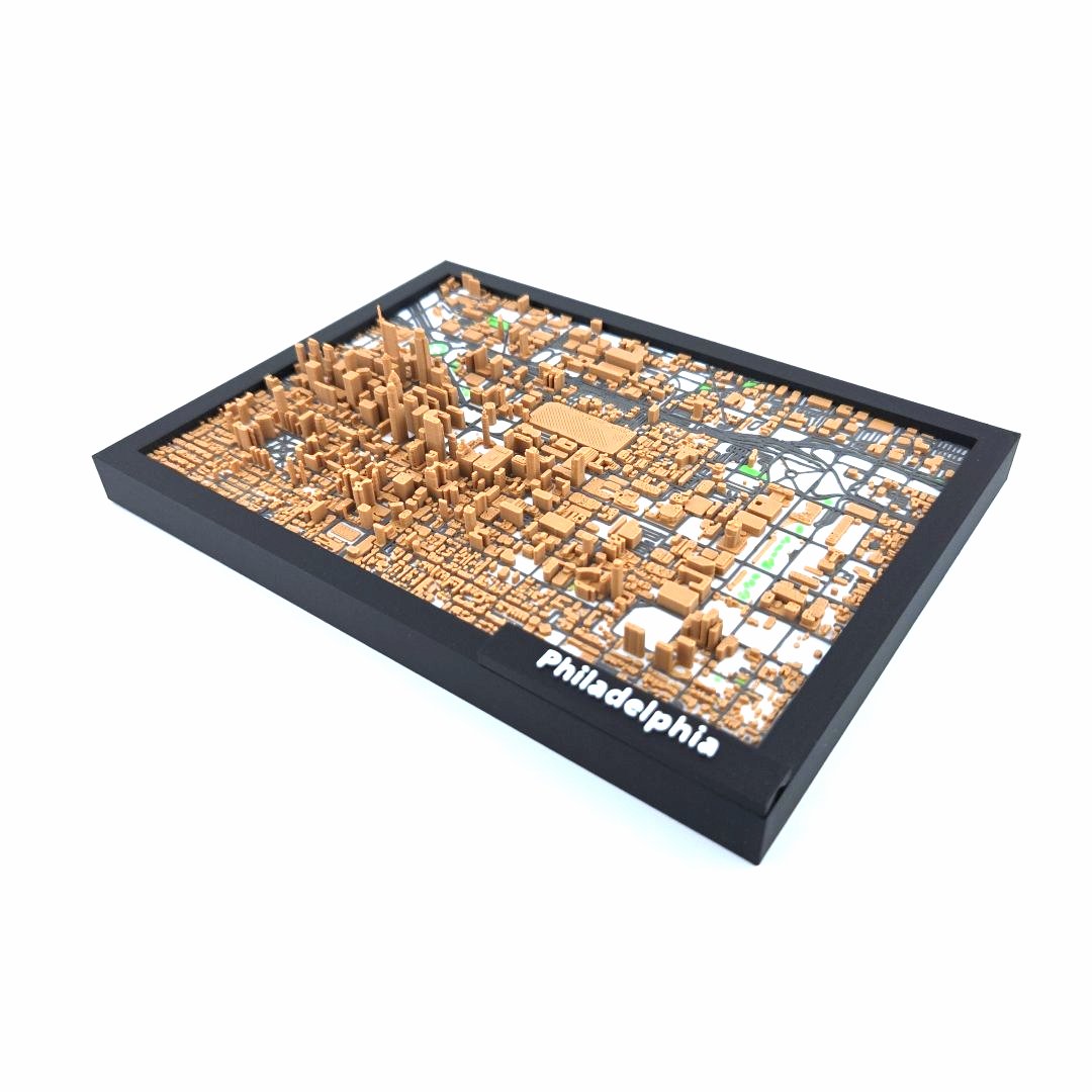 3D Miniature Model of Downtown Philadelphia – Framed Architectural Cityscape with Landmarks
