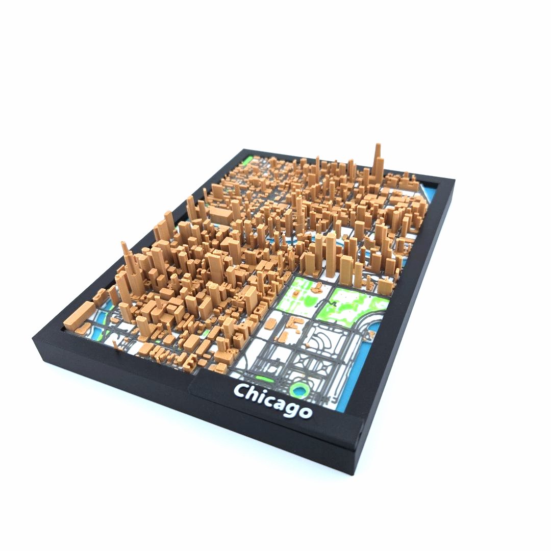3D Miniature Model of Downtown Chicago – Framed Architectural Cityscape with Landmarks