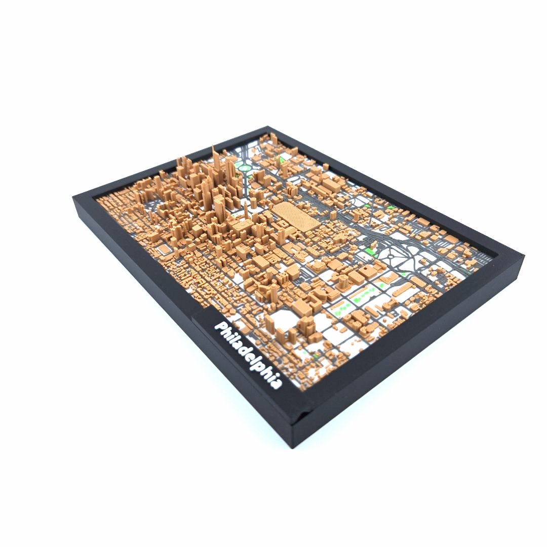 3D Miniature Model of Downtown Philadelphia – Framed Architectural Cityscape with Landmarks