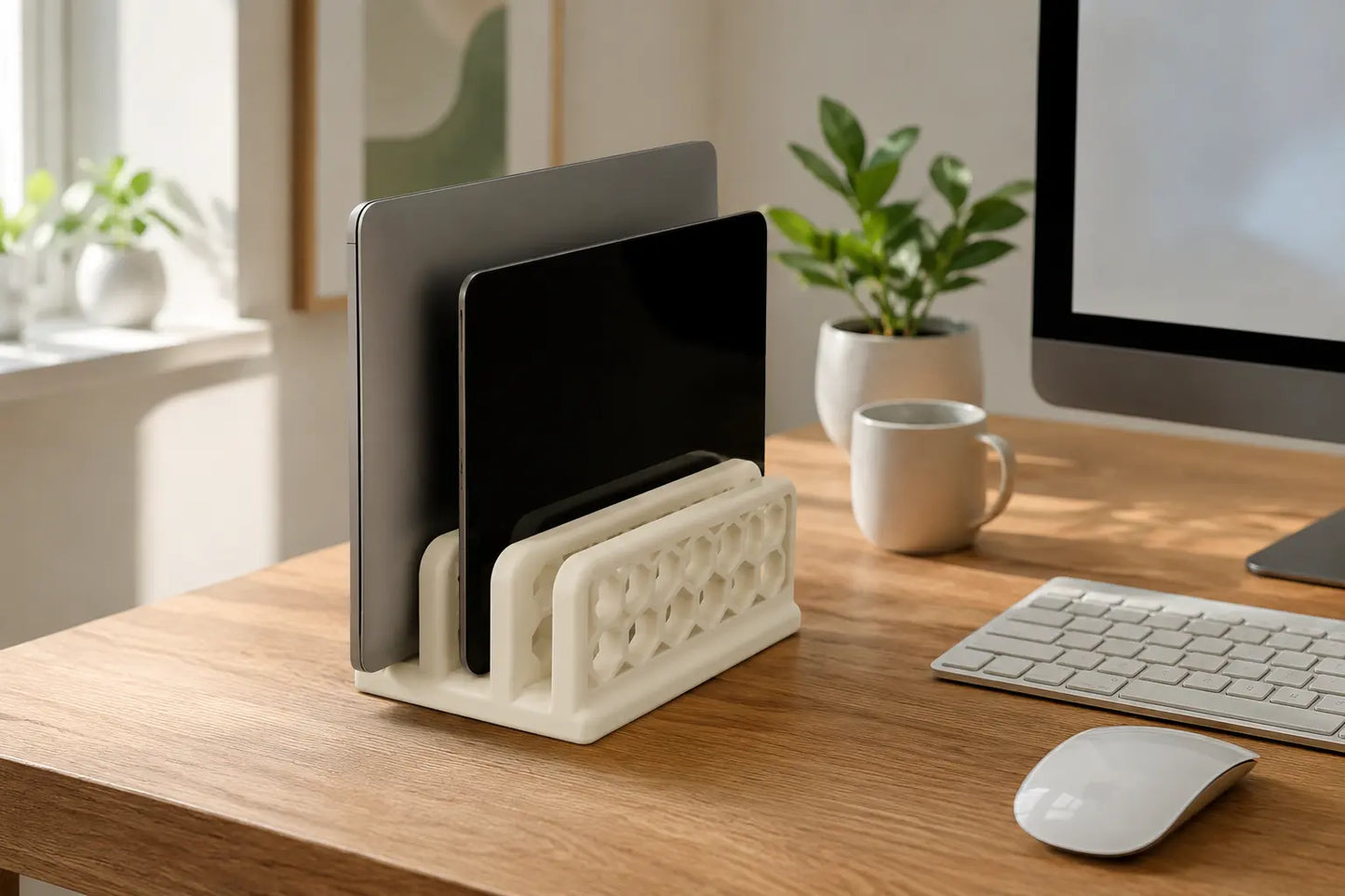 Vertical Laptop Dock - White Honeycomb Desk Dock Sancticraft