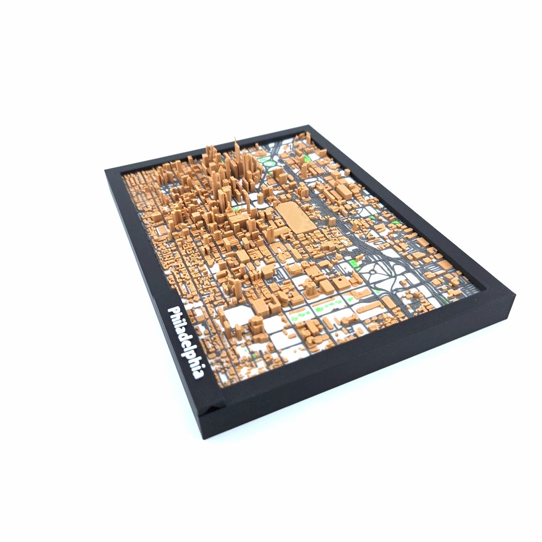 3D Miniature Model of Downtown Philadelphia – Framed Architectural Cityscape with Landmarks