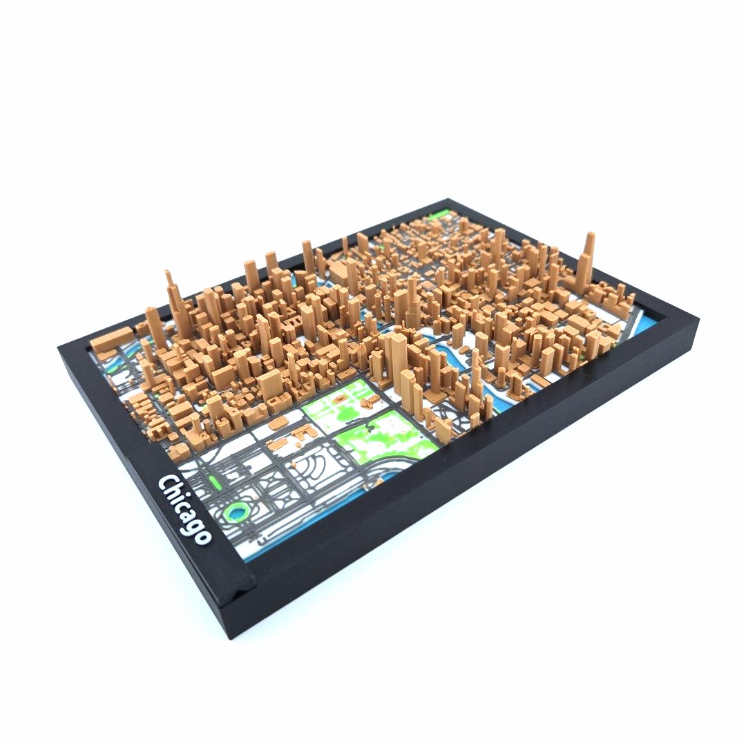 3D Miniature Model of Downtown Chicago – Framed Architectural Cityscape with Landmarks