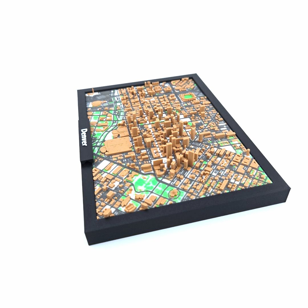 3D Miniature Model of Downtown Denver – Framed Architectural Cityscape with Landmarks