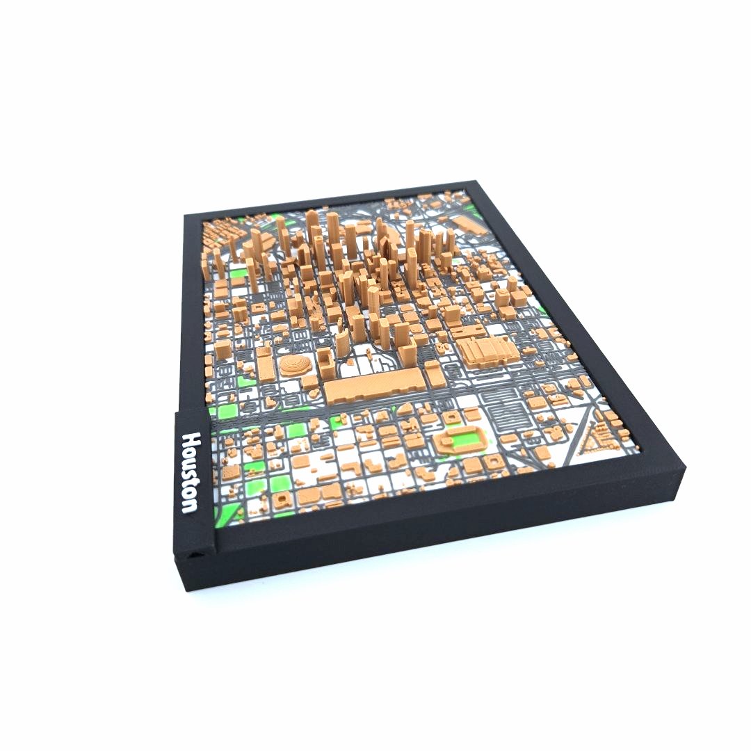 3D Miniature Model of Downtown Houston – Framed Architectural Cityscape with Landmarks
