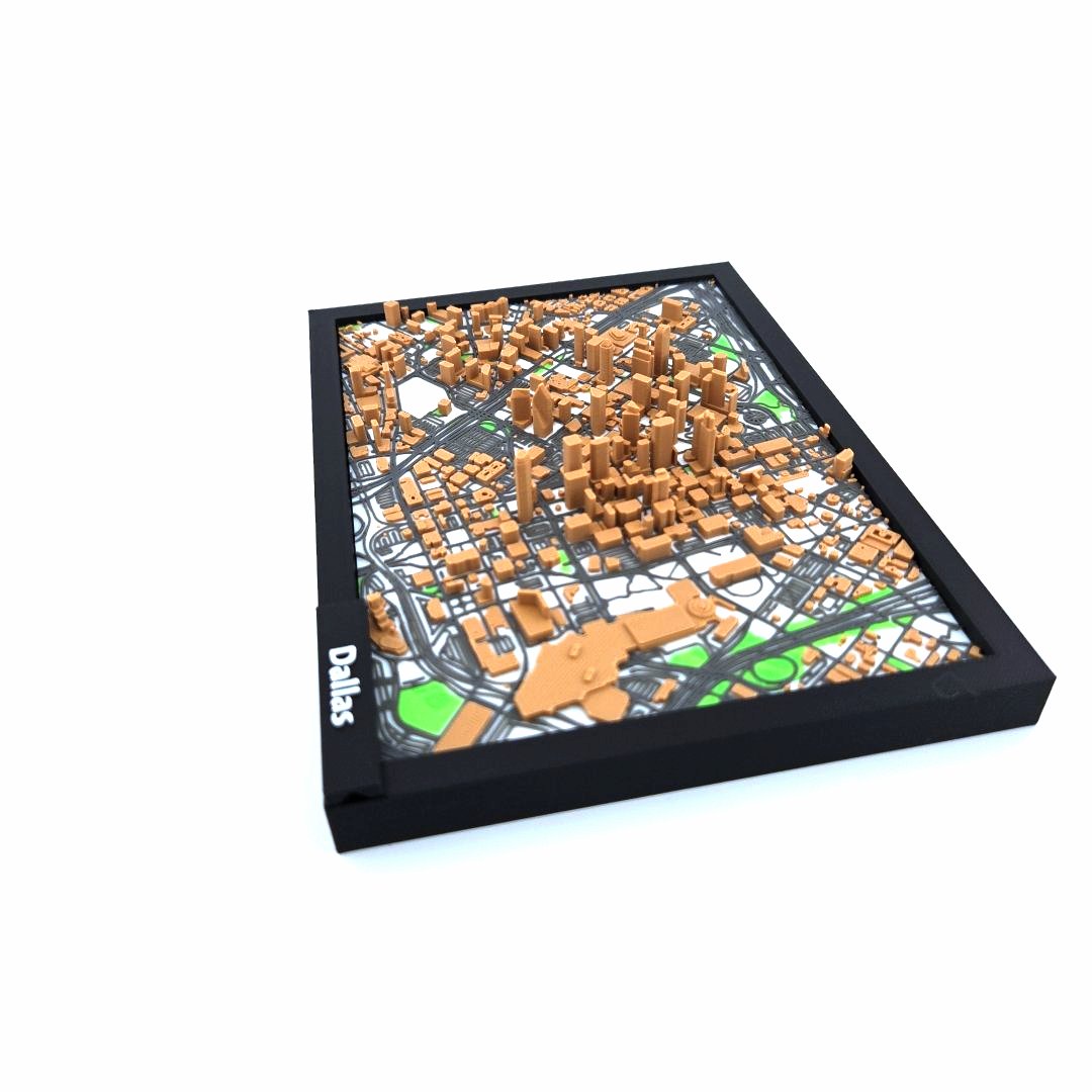 3D Miniature Model of Downtown Dallas – Framed Architectural Cityscape with Landmarks