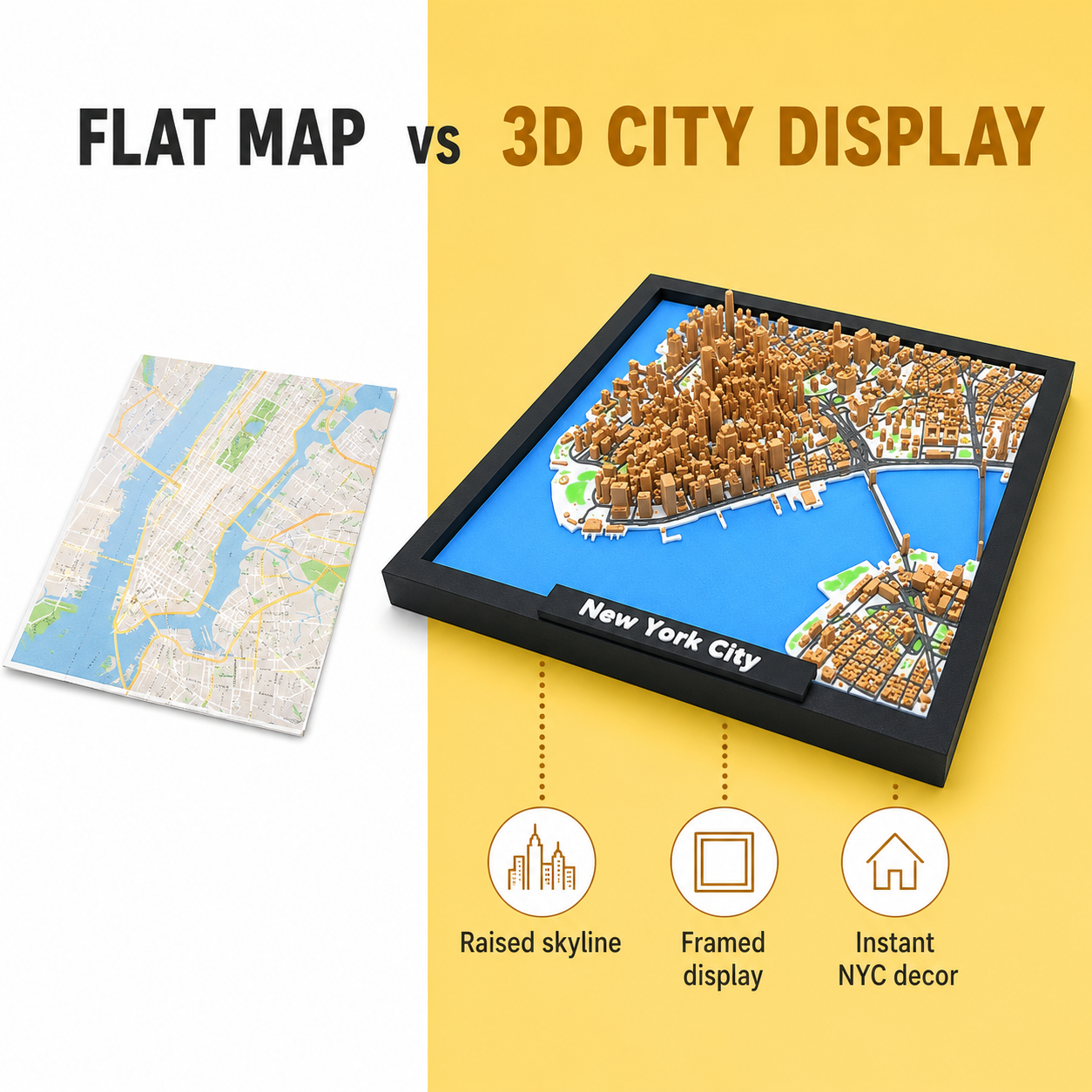 New York City 3D Map - Framed Skyline Model