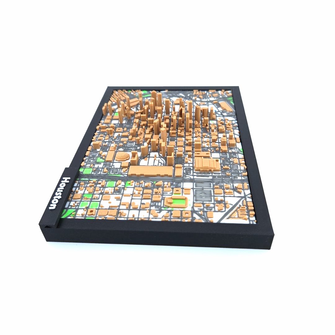 3D Miniature Model of Downtown Houston – Framed Architectural Cityscape with Landmarks