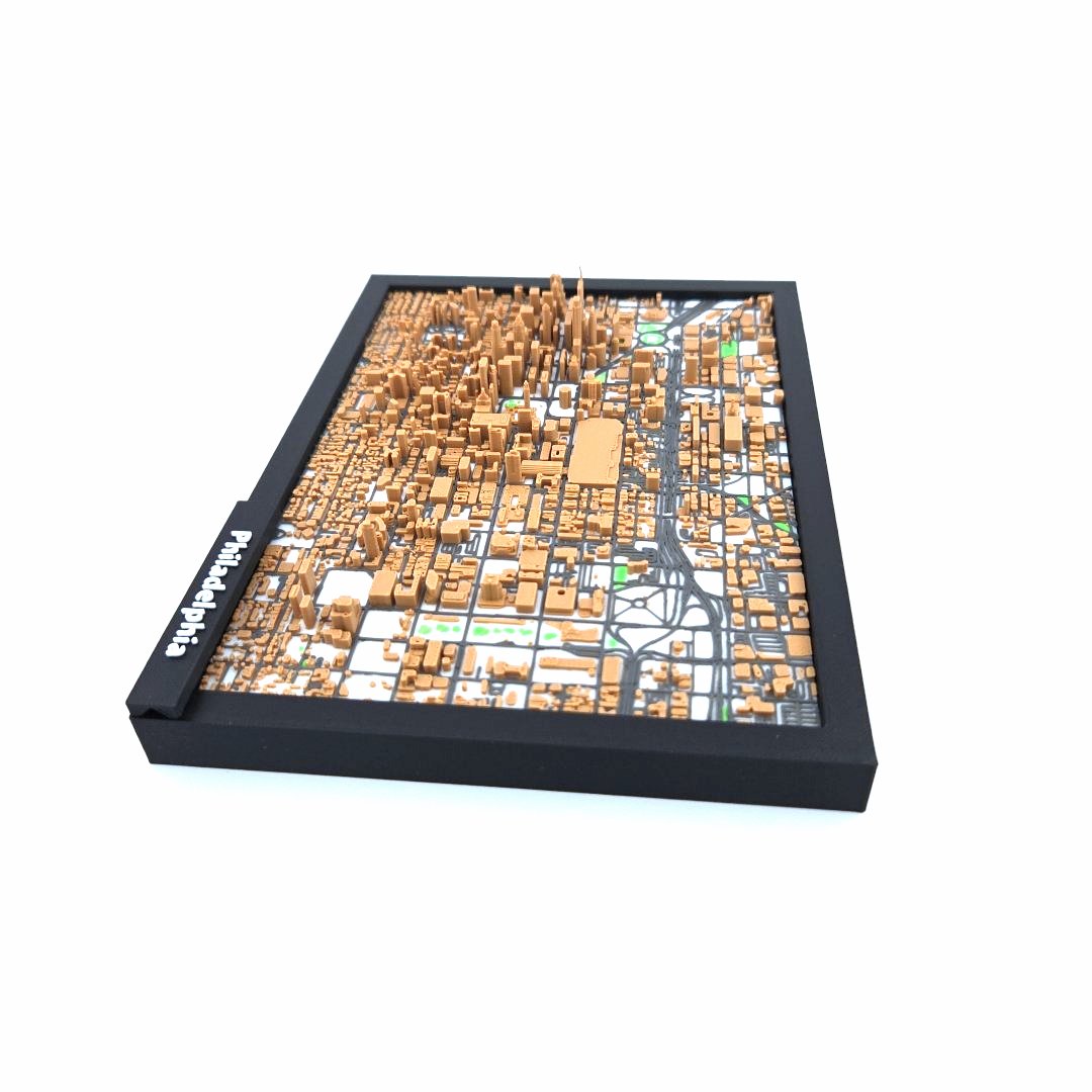 3D Miniature Model of Downtown Philadelphia – Framed Architectural Cityscape with Landmarks