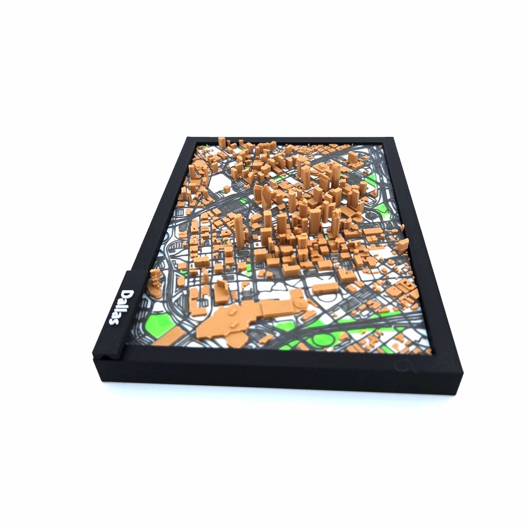 3D Miniature Model of Downtown Dallas – Framed Architectural Cityscape with Landmarks