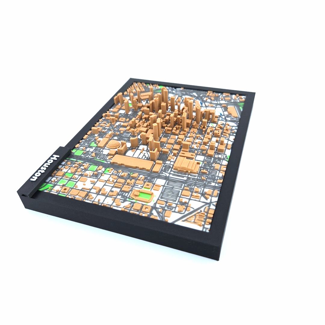 3D Miniature Model of Downtown Houston – Framed Architectural Cityscape with Landmarks
