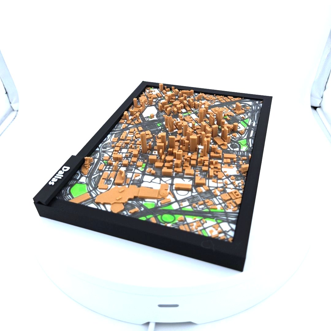 3D Miniature Model of Downtown Dallas – Framed Architectural Cityscape with Landmarks
