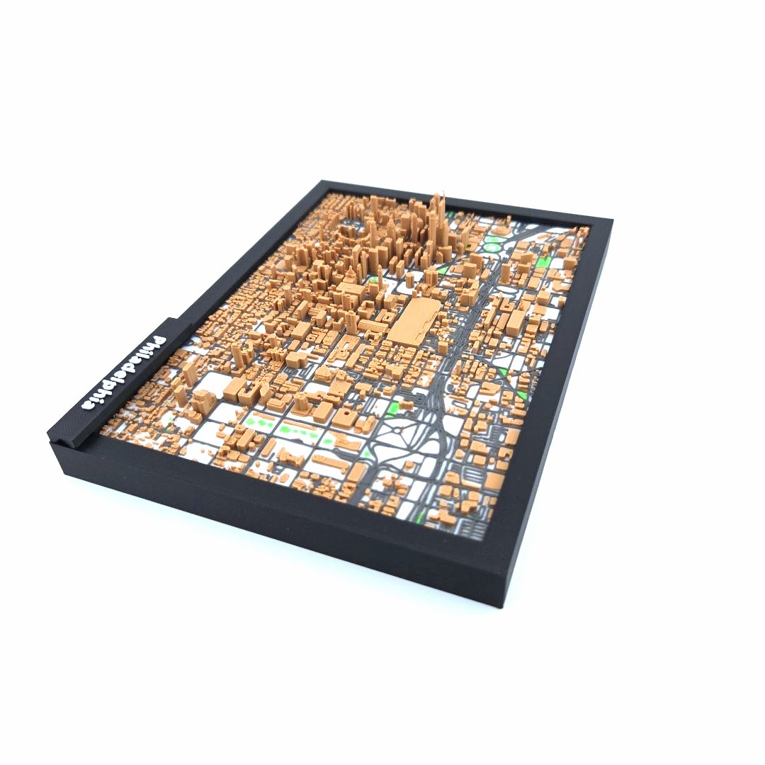3D Miniature Model of Downtown Philadelphia – Framed Architectural Cityscape with Landmarks