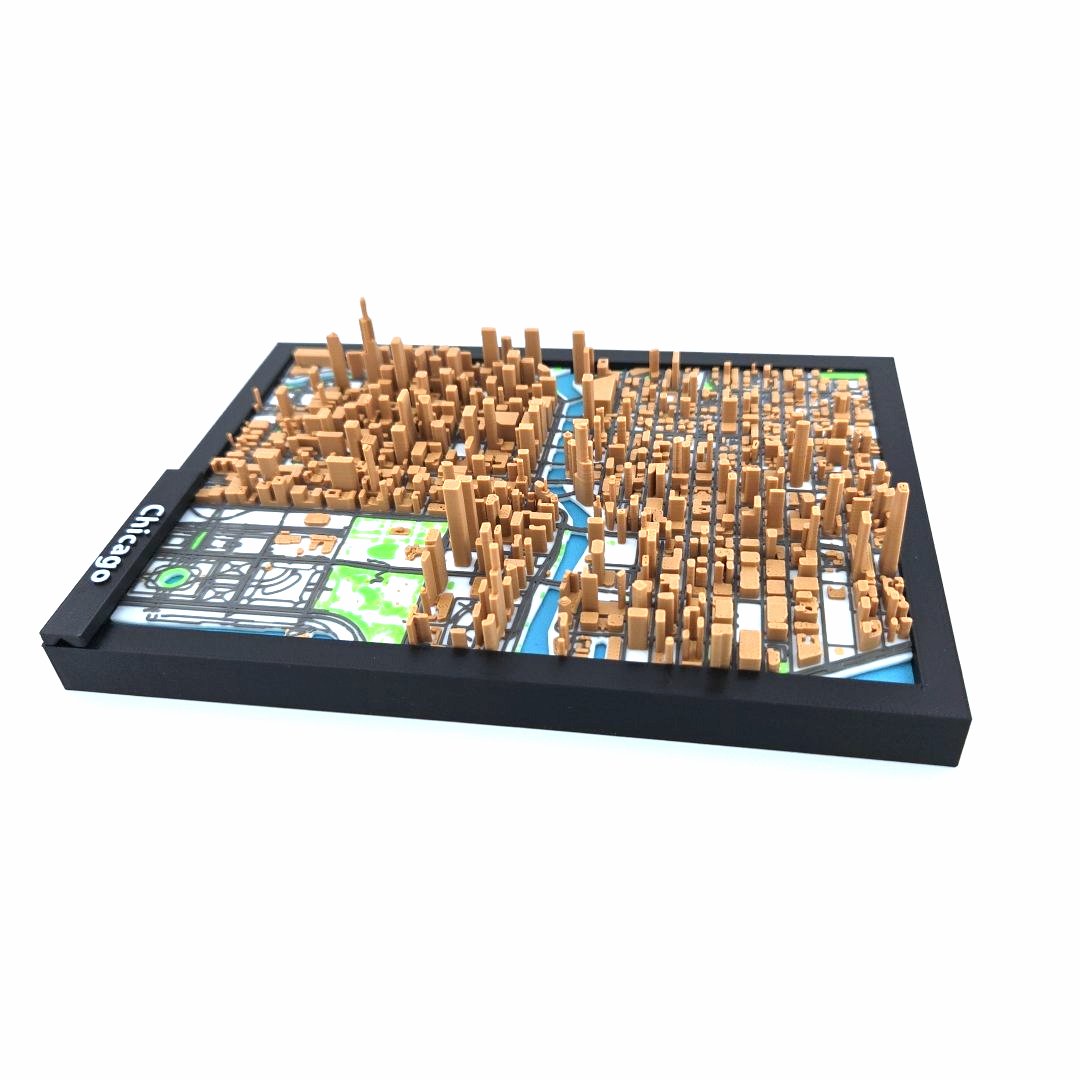 3D Miniature Model of Downtown Chicago – Framed Architectural Cityscape with Landmarks