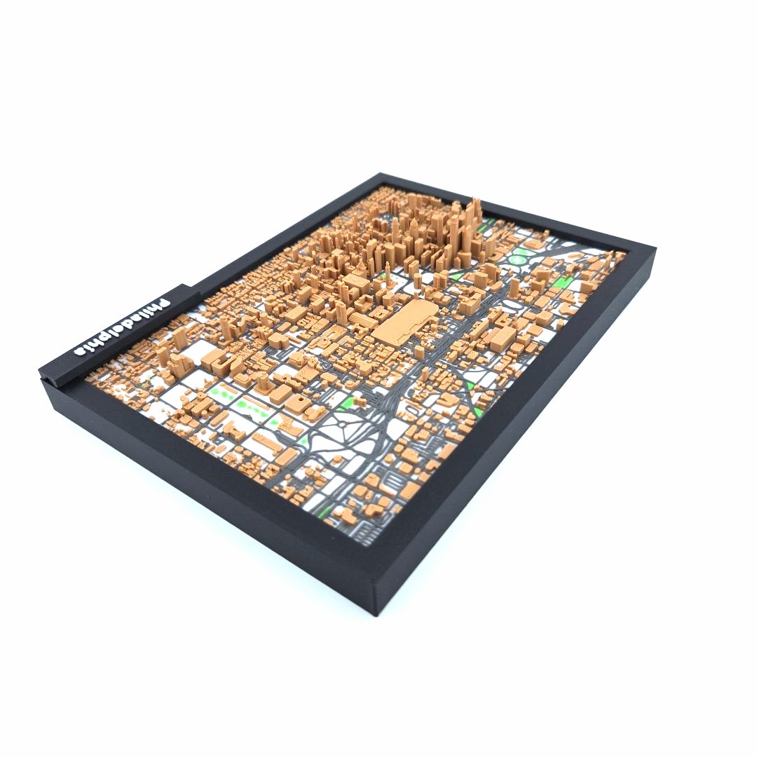 3D Miniature Model of Downtown Philadelphia – Framed Architectural Cityscape with Landmarks