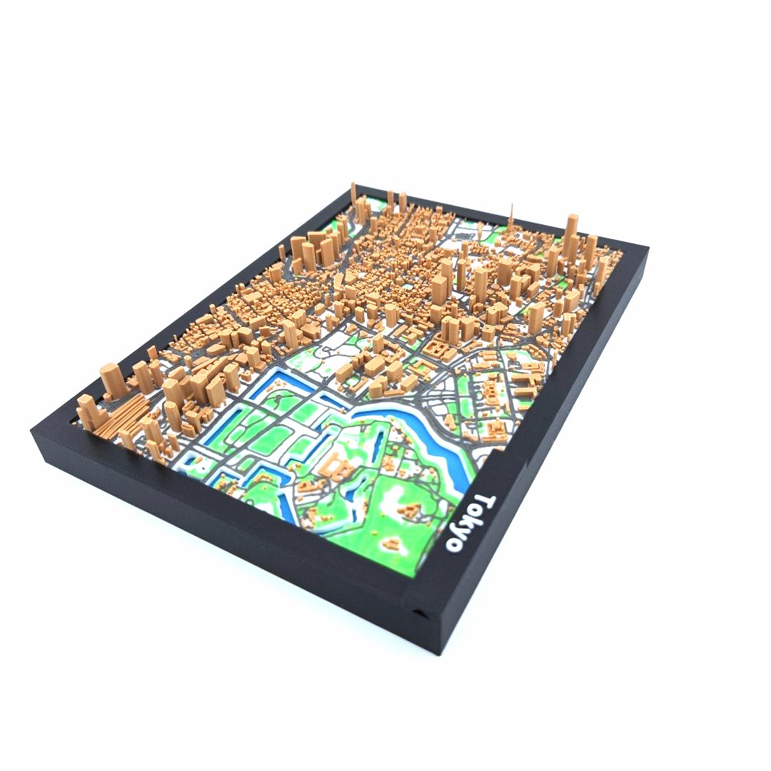 3D Miniature Model of Tokyo – Framed Architectural City Map with Urban Landmarks