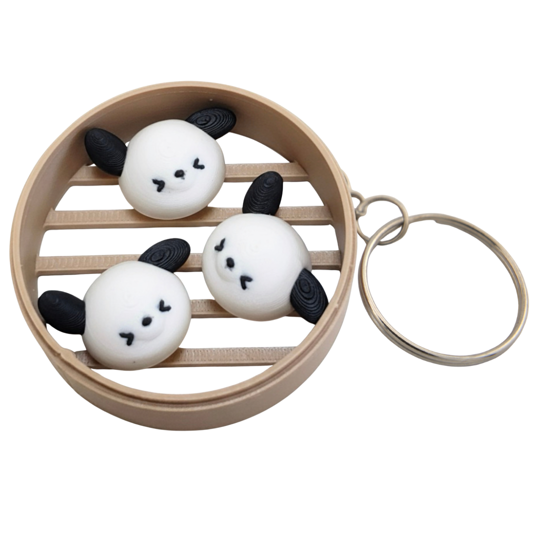 Dog Dim Sum Bun Keychain – Kawaii Handmade Steamer Basket Charm - Black