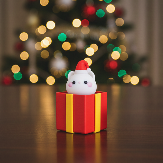 Mini Christmas Surprise Gift Box Figurine – Cute Santa Hat Character in Red Holiday Present | Decorative Desk Accent and Stocking Stuffer